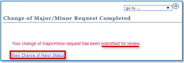 Major Minor submission confirmation page, link to update page