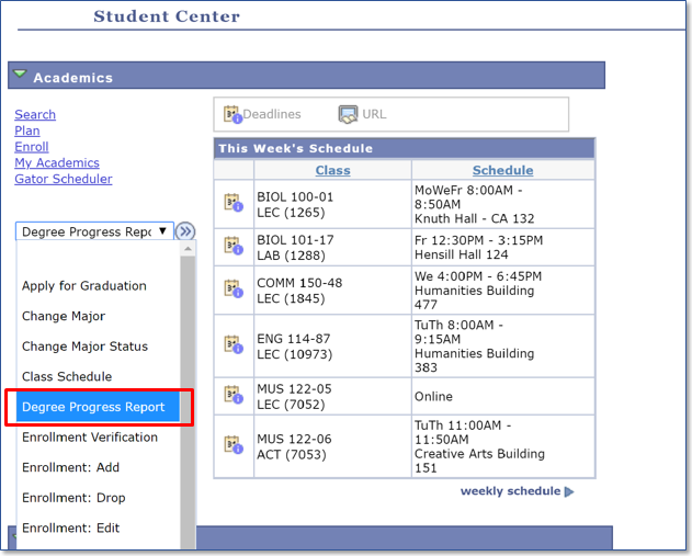 Student Center menu's other academic menu opened with the dpr highlighted