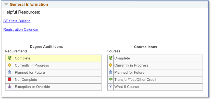 Degree Progress Reports general req view and icon legend