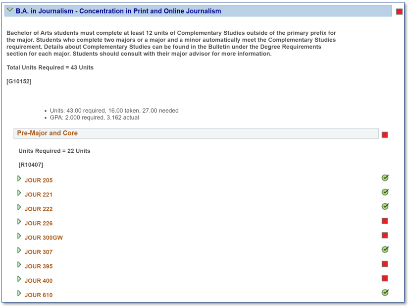 DPR view of how the major requirement section looks. 