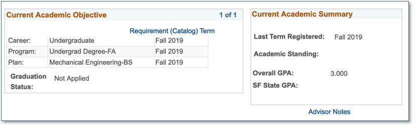 A view of the Degree Progress Report's objective summary