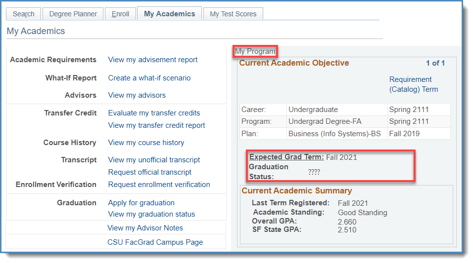 My Academics menu with the expected graduation status highlighted