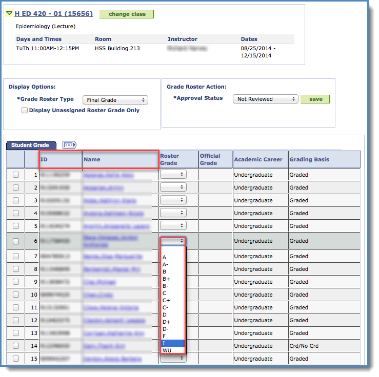 Class Roster showing how to assign grades