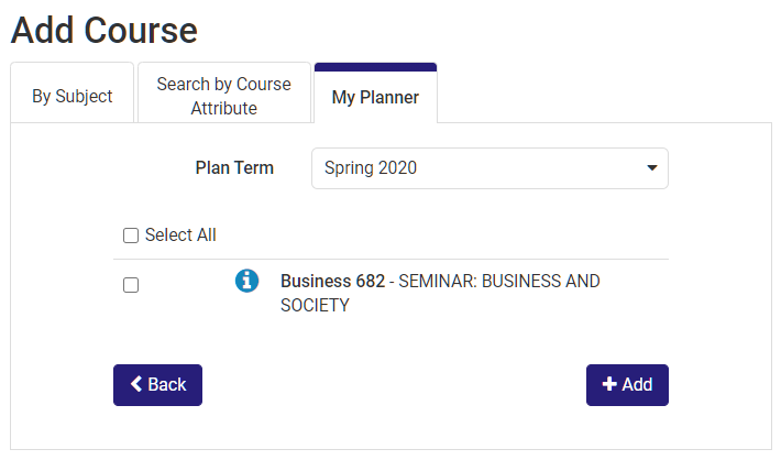 Add course menu based on degree planner