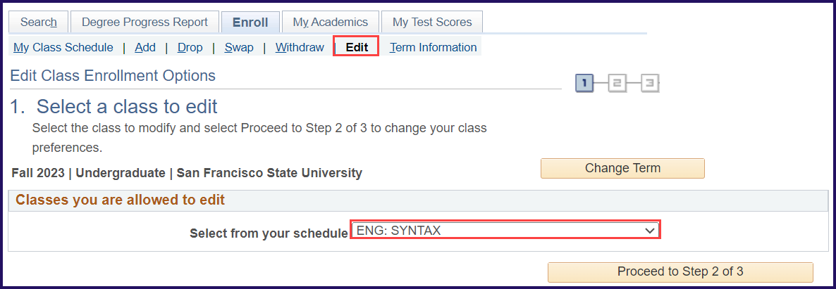 The enrollment edit landing page with the course drop down highlighted