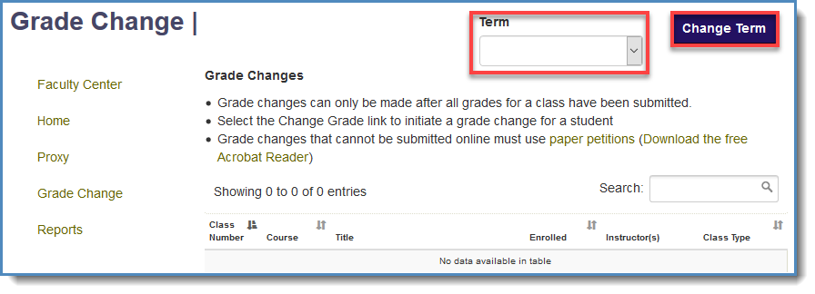 Grade Change home screen with the previous term field highlighted