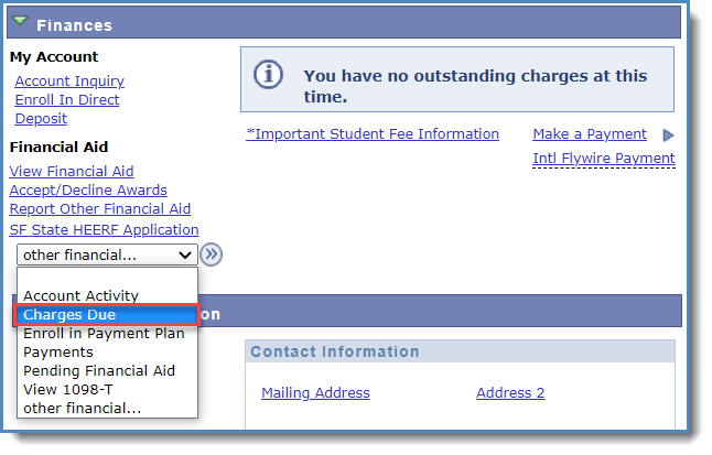 Charges due location in the student centers finances section