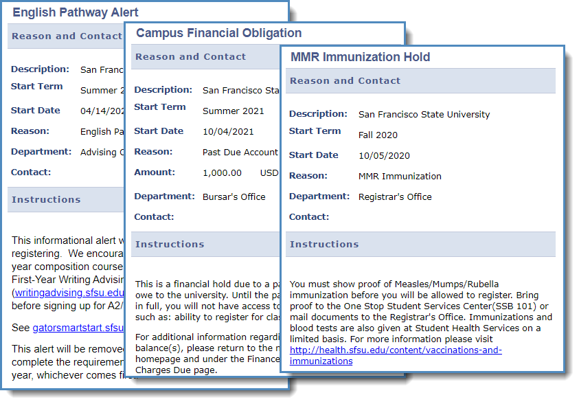 Three examples of a holds reasons and contacts page