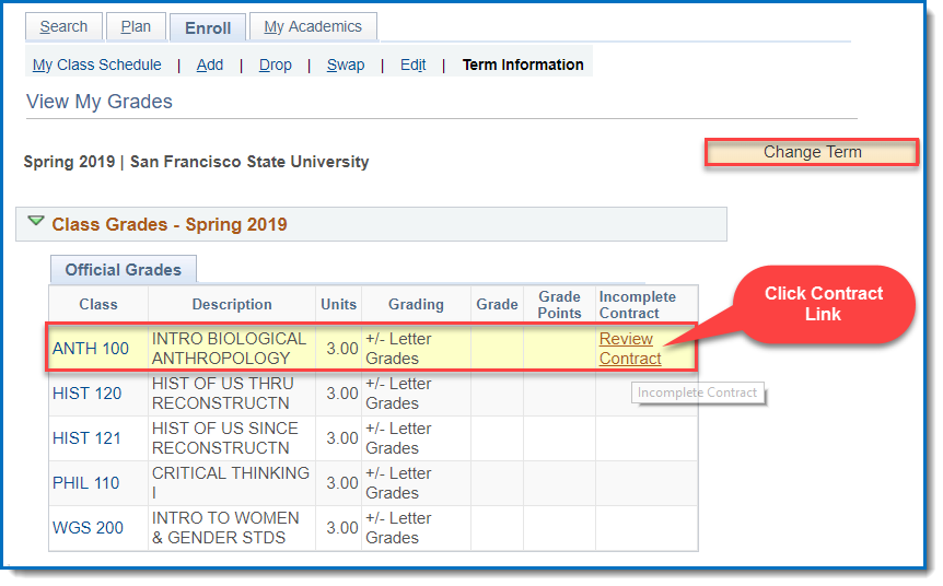 Grades page showing a incomplete contract link