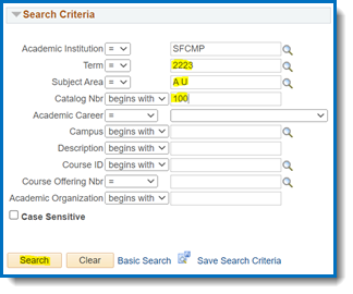 Class permissions search criteria section