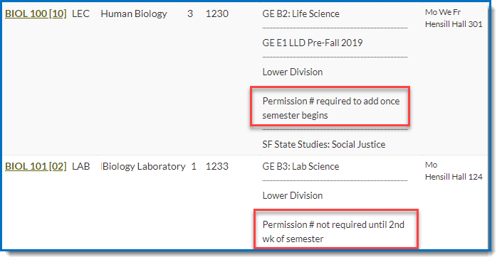 Class Search results showing the permission number info
