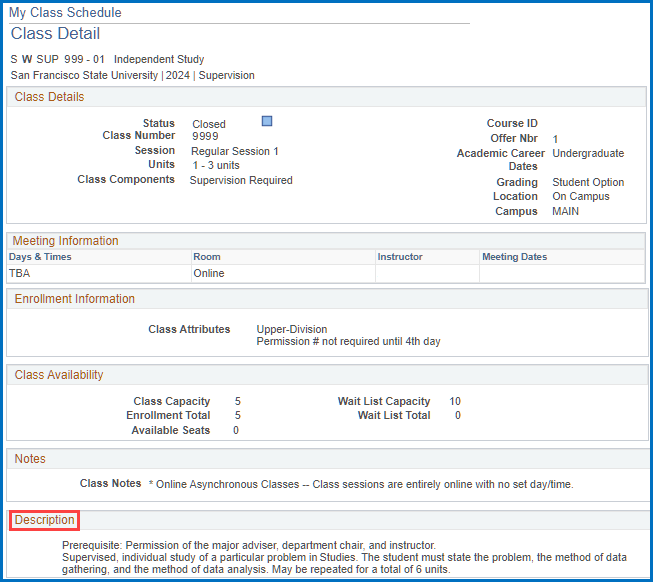 Coure details aftre clicking the section number in studnet center schedule