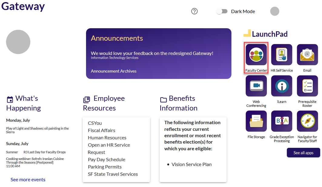 SF Gatewaymain menu with the faculty center tile circled