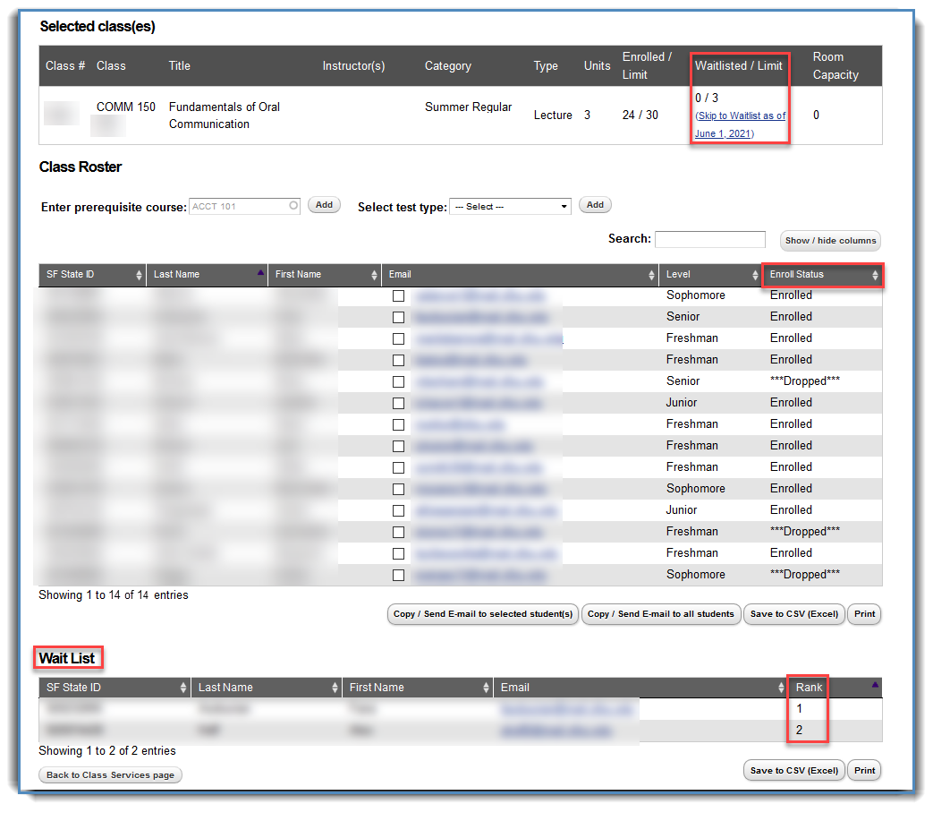 Prereq roster course roster opened showing the location of the wait list