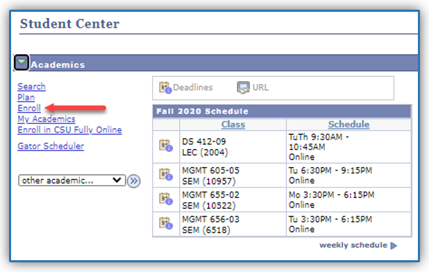 Student Center main menu witht eh enroll link selected in the Academics section