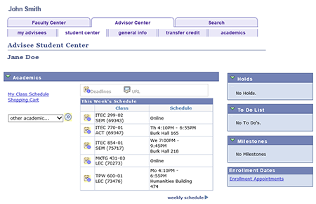 Faculty Center Advisor Center tab opened and showing an example