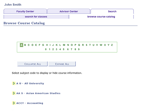 Faculty Cener's search and browse course catalog tabs opened