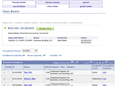 Faculty Center's Class roster tab opened with an example