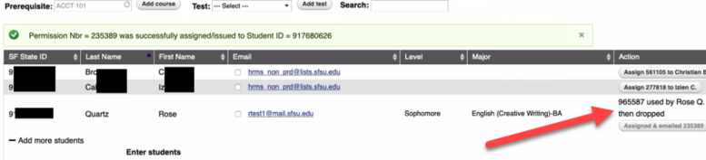 the action column showing the permission number was sent