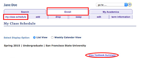 class schedule tabs and textbook link highlighted